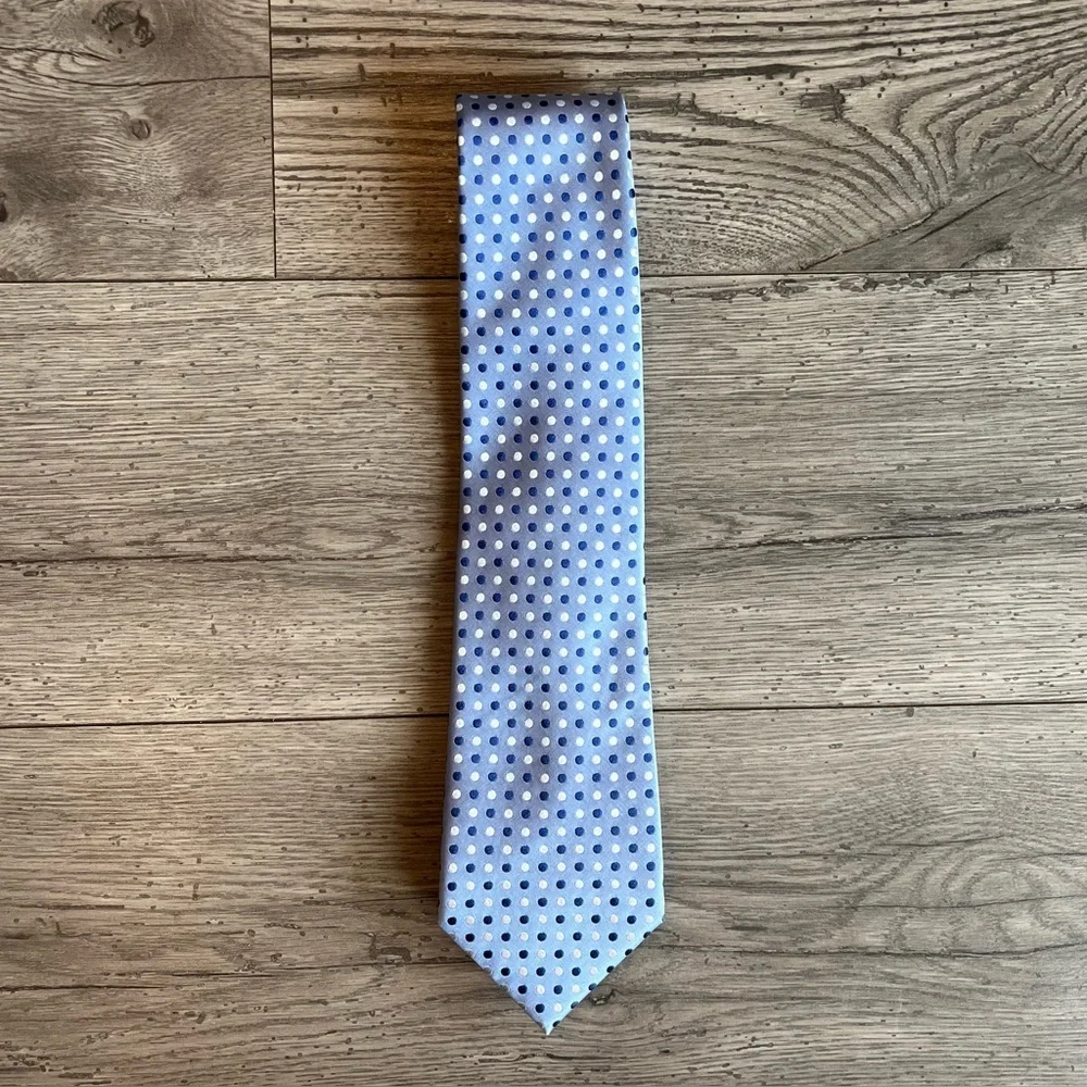 Geoffrey Beene Men’s Neck Tie Polka Dot Print Blue Silk Workwear Dressy Formal